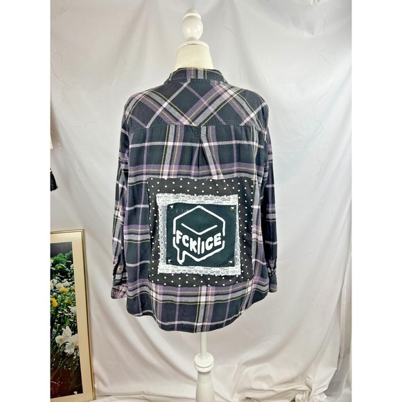 Sonoma Tops - Sonoma Black and Purple Plaid Flannel with Back Graphic Patch